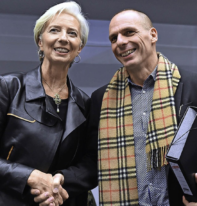 Kann auch lssig und cool:  Lagarde in  Lederjacke,  Varoufakis  | Foto: AFP