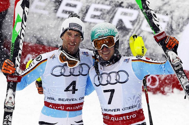 Im zweiten Lauf holten sich Fritz Dopf...elix Neureuther noch eine WM-Medaille.  | Foto: AFP