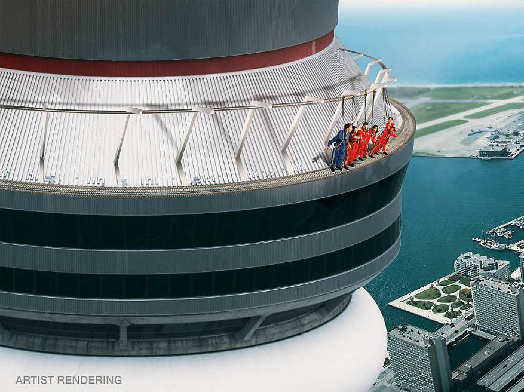 Am „EdgeWalk“ auf dem CN Tower in Toronto, Kanada, knnen Wagemutige in 356 Metern Hhe um den Turm wandern –  drauen, freihndig und nur auf einem 1,50 Meter breiten Sims.