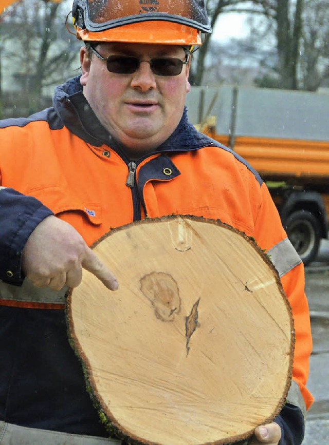 Heiko Strohm zeigt, dass der Baum krank war.  | Foto: Ralf H. Dorweiler