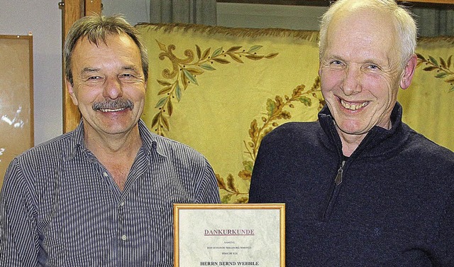 25 Jahre lang ist Bernd Wehrle im ffe...ermeister Gerd Schweinlin (l.) geehrt.  | Foto: Rolf-Dieter Kanmacher