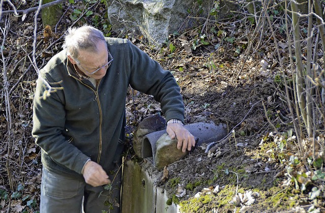 Wyhl. Naturschutzwart Klaus Mathes beim anlegen einer Eisvogel-Brutrhre.  | Foto: Roland Vitt