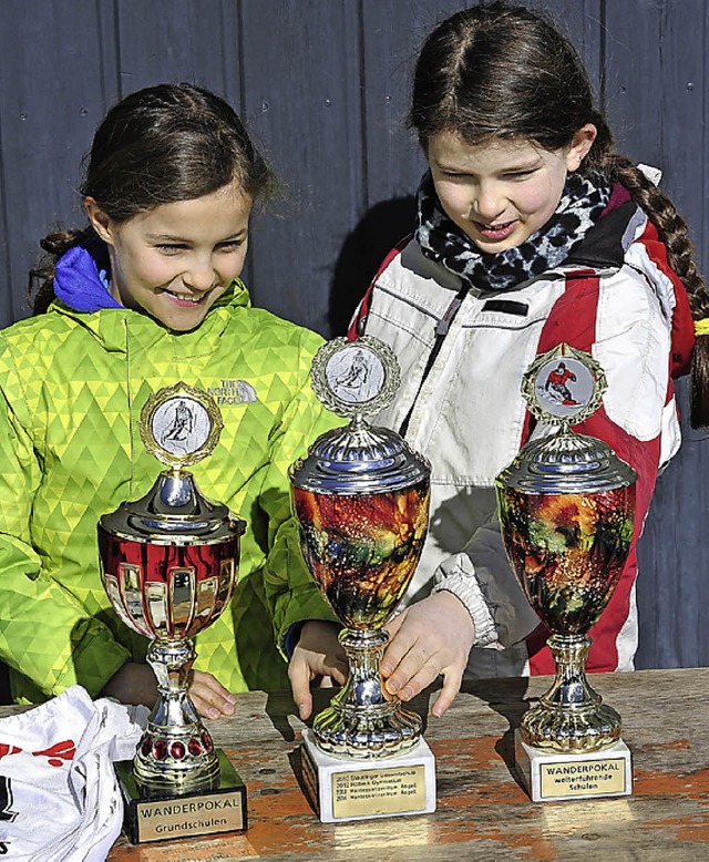 Iris Danne (links) und Felicitas Weh begutachten die Pokale.  | Foto: Thomas Kunz