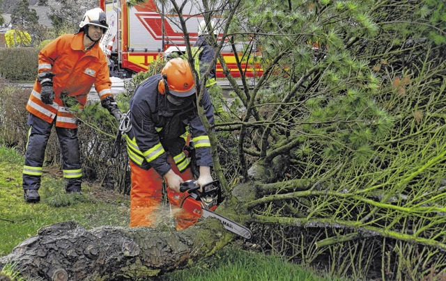Die Lauchringer Feuerwehr bei Aufrumarbeiten am Dr.-Konrad-Adenauerring   | Foto: Dietmund Schwarz