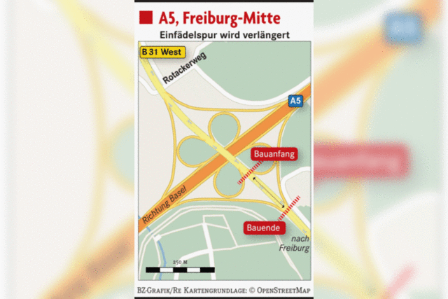 An der Ausfahrt Freiburg-Mitte wird die Einfädelspur verlängert