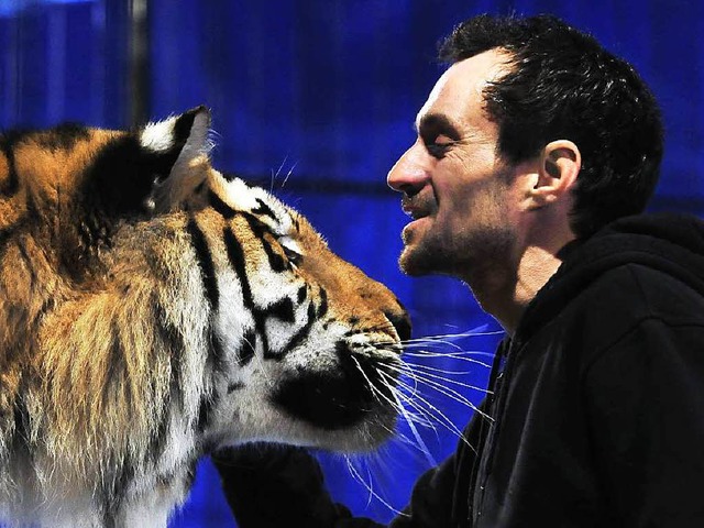 Man kennt sich und vertraut sich: Chri... Zwiegesprch mit einem seiner  Tiger.  | Foto: Thomas Kunz
