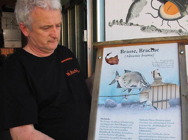 Wolfgang Pfisterer mit einer der schwe...en Infotafeln des Fischereilehrpfades   | Foto: Schtz