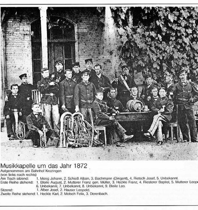 Gruppenbild am Bahnhof: Krozinger Blasmusiker anno 1872  | Foto: Privat