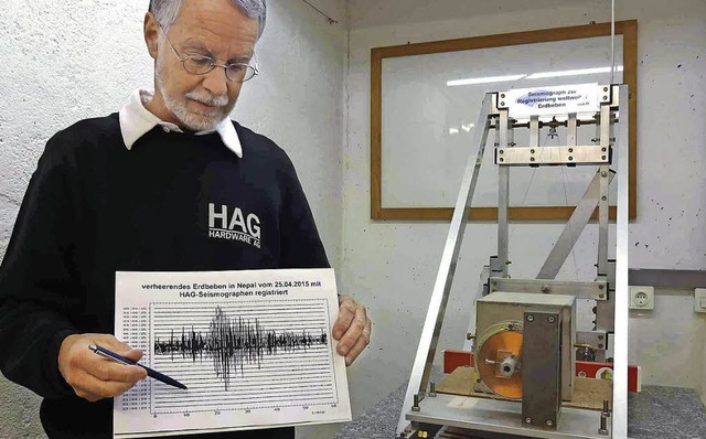 Winfried Sturm zeigt, wie das Erdbeben...ographen in Staufen registriert wurde.  | Foto: privat