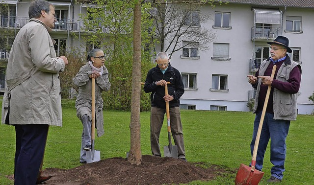 OB Klaus Eberhardt (von links), Karin ... Ewald Ltzelschwab beim Baumpflanzen.  | Foto: Martina Proprenter