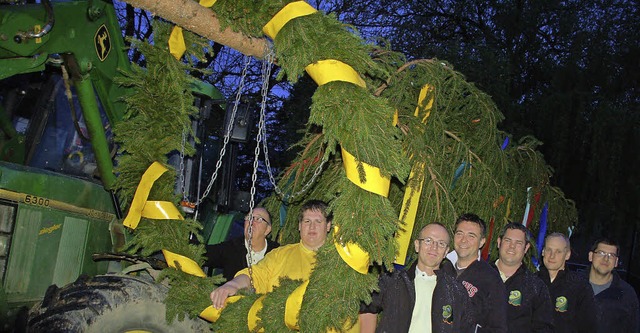 Der herrlich geschmckte Maibaum und Frosche-Mnner kurz vor dem Aufrichten.   | Foto: Petra Wunderle