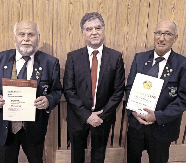 Ehrung der aktiven Musiker Manfred Sch...erbandes Bernhard Metzger (Bildmitte).  | Foto: Jutta Schtz