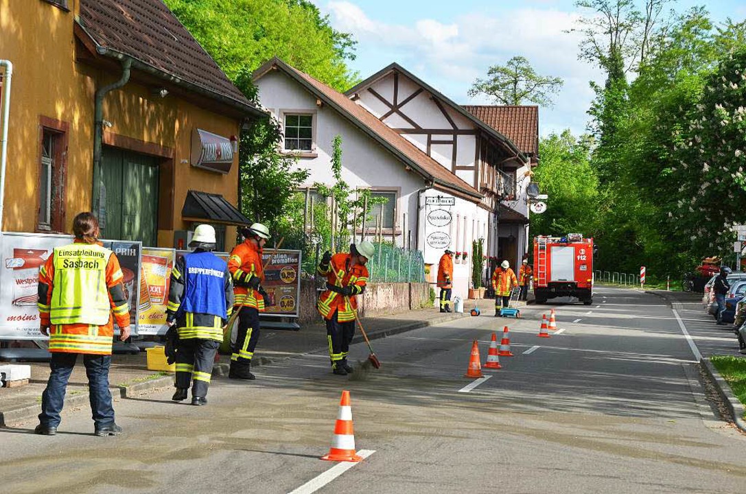 Eine 350 Meter lange lspur beseitigte die Feuerwehr am Rhein bei Sasbach.   | Foto: Roland Vitt