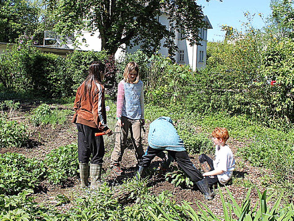 Im bunten Schulgarten macht den Waldorfschlern die Arbeit sichtlich Spa.   | Foto: Waldorfschule