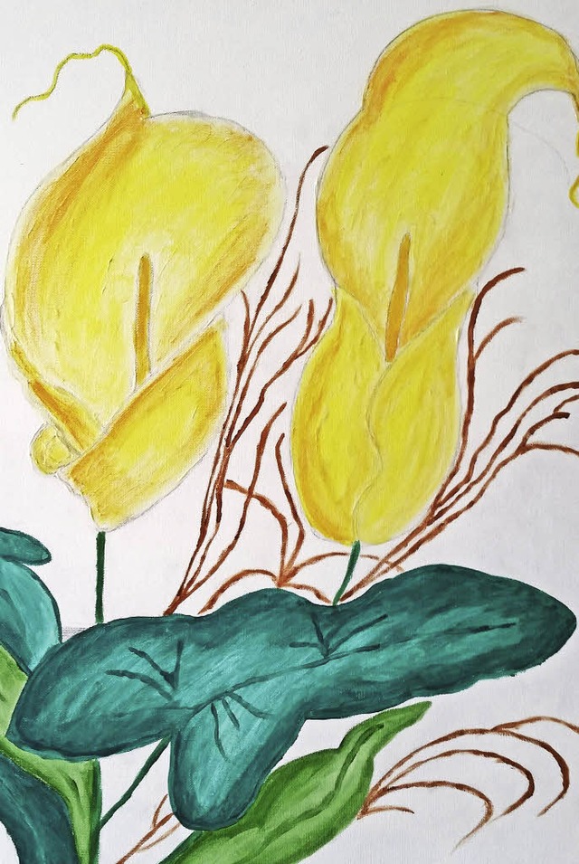 Eines der Blumenbilder von Marina Bischl zeigt eine gelbe Kallas  | Foto: Verena Pichler 