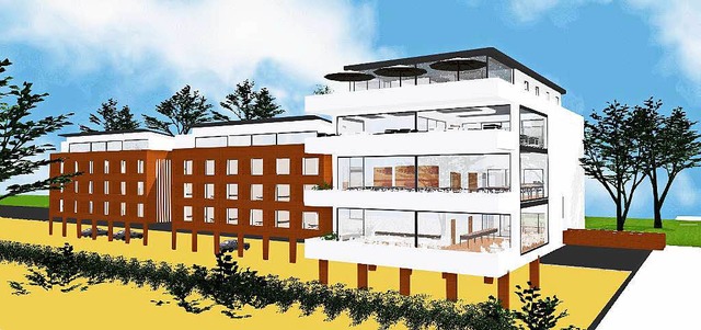 So soll das neue Hotel am Breisacher Rheinufer einmal aussehen.   | Foto: Entwurf: Architekturbro Michael Fischer