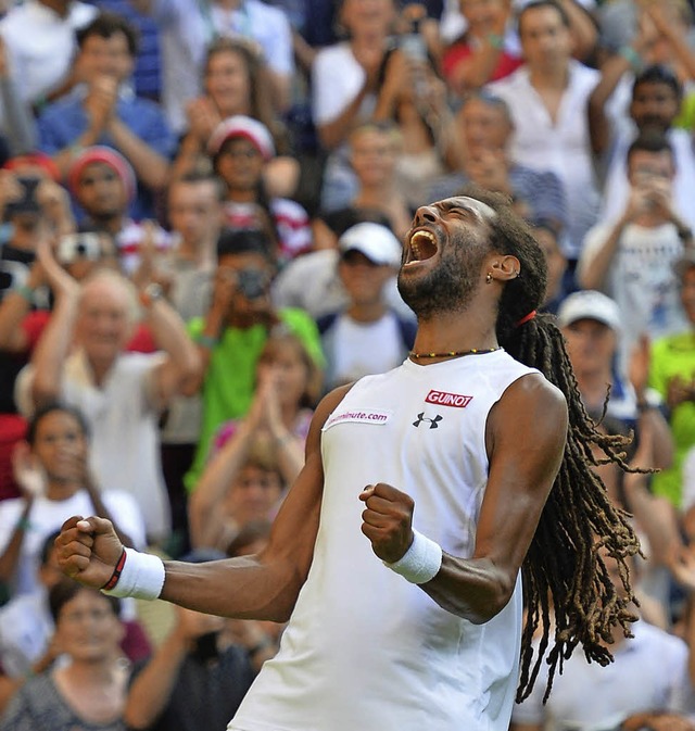 Unvergesslicher Glcksmoment: Dustin Brown nach seinem verwandeltem Matchball  | Foto: afp