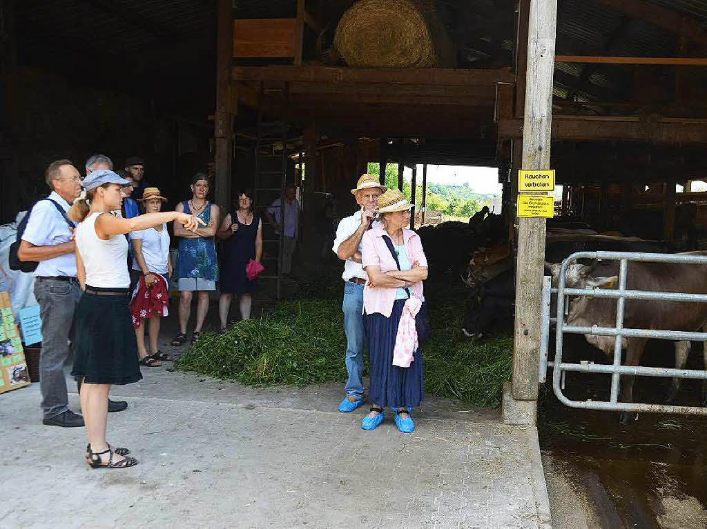 Katharina Goetjes erlutert den Besuchern die kologische Viehhaltung des Breitenwegerhofes, in dem die Milch fr die Hofkserei verwendet wird.