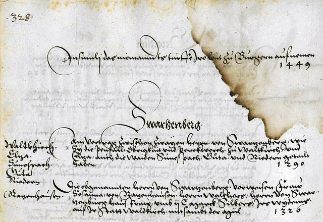 Urkunde von 1449 mit der Originalabsch... der Siensbach erstmals genannt wurde.  | Foto: Fotos: Stadtarchiv/Zahn