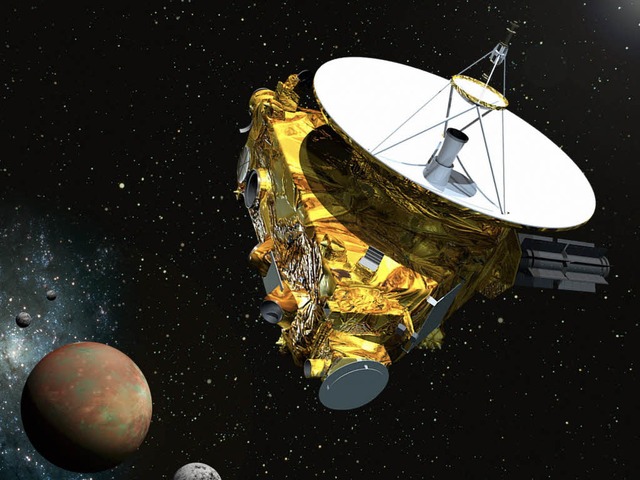 Eine Nasa-Animation der Sonde New Horizons, Im Hintergrund die Erde.   | Foto: dpa
