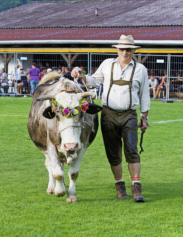 Wolfgang Karle fhrt die Kuh Olga auf ...t hatte und der Sieger ermittelt war.   | Foto: Olaf Michel