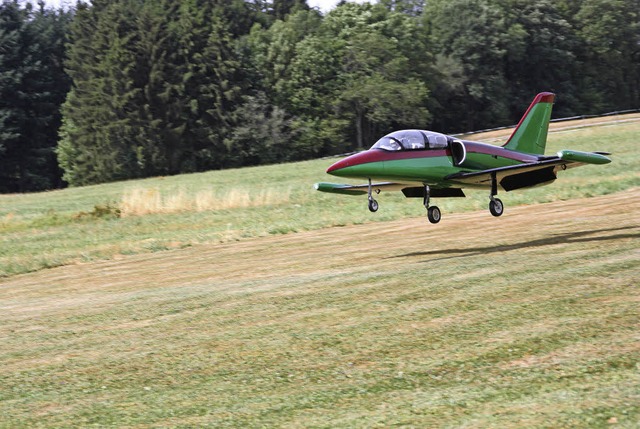 Der knapp 25 Kilogramm schwere Dsenje...in Helikoptermodell in die Zuschauer.   | Foto: Gerd Leutenecker