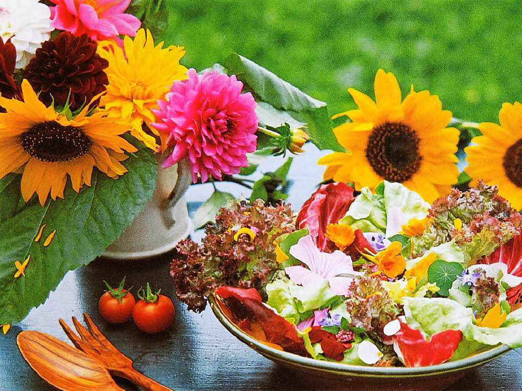 Jutta Schneider:  Positiv ist fr mich ist ein kunterbuntes Essen wie mein Sommersalat. Bunt Essen soll gesund sein, hier kommen verschiedene Salate, Kruter und Blten in den Salat von Kapuzinerkresse bis Borretschblten. Und er schmeckt lecker.
