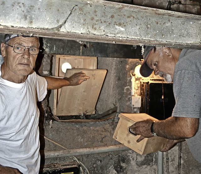 Wyhl. Klaus Mathes (links) und Gerhard...i der Kontrolle der Dohlen-Nistksten.  | Foto: Roland Vitt