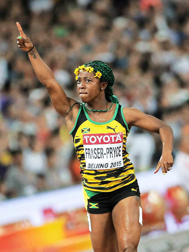Shelly-Ann Fraser-Pryce aus Jamaika  nach ihrem Sieg ber 100 Meter.