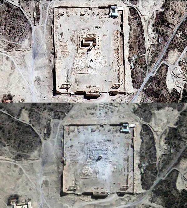 Der Baal-Tempel in Palmyra vor (oben) und nach (unten) den Detonationen.  | Foto: dpa