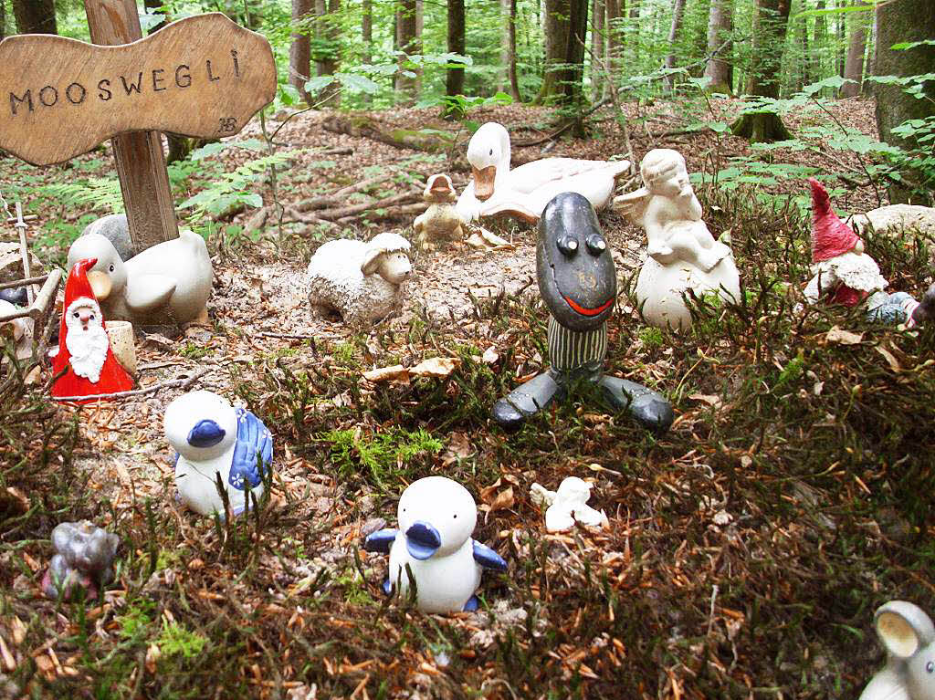 Gerhard Vlkle: Die Aufnahme entstand im Juni 2014 auf dem "Mooswegli" im Wald oberhalb von Rmmingen und zeigt eine Ansammlung von Miniaturen entlang des Waldweges. In der Mitte meine Figur mit rotem Mund und gestreiftem Hemd.