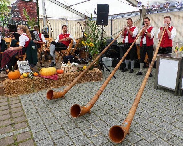 Folklore pur: ein Alphorntrio der Trac...ia-Rain aus Oy-Mittelberg in Altenheim  | Foto: Dieter Fink