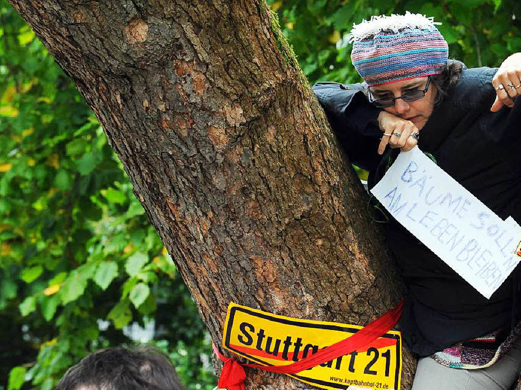 Die Demonstranten wollten rund 300 Bumen im Schlosspark schtzen, die abgeholzt werden sollten aufgrund der Bauarbeiten.