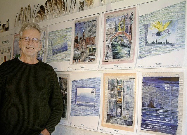 Viktor Hottinger mit Bildern des Kunstprojekts &quot;Venedig!&quot;   | Foto: R. Frey
