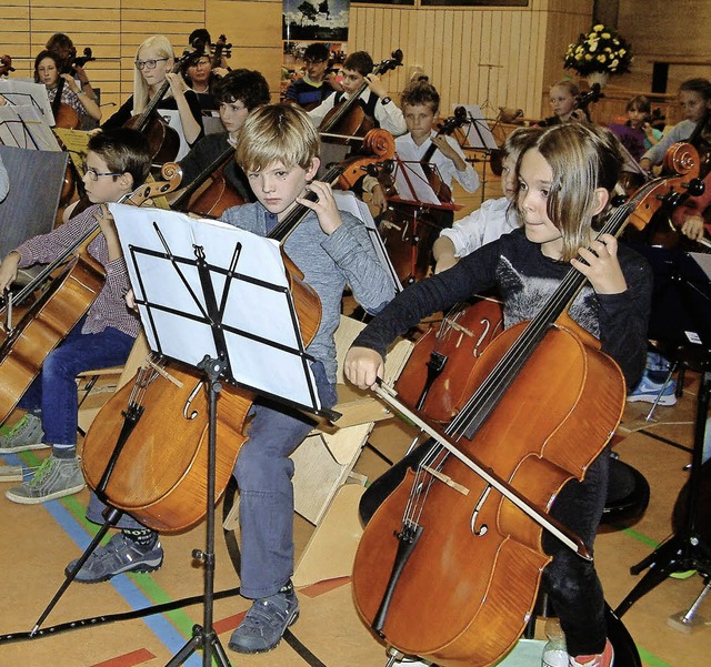 Oh that Cello: Beim Cellofest in Maulb...igten 100 junge Cellisten ihr Knnen.   | Foto: Roswitha Frey