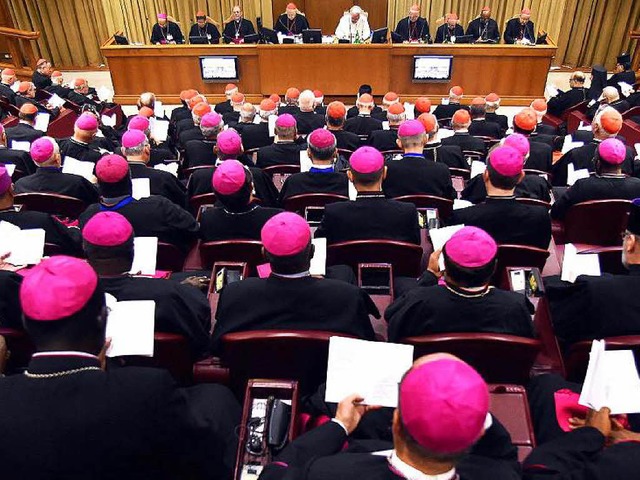 Die Bischfe tragen violette, die Kard...Der Papst tritt in ganz in Wei auf.    | Foto: DPA