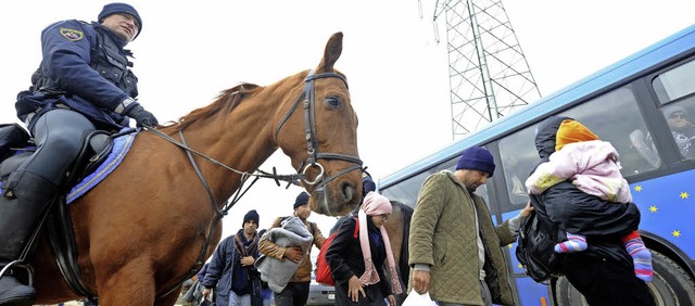 Ein slowenischer Polizist zu Pferd beg... in das Camp Brezice gebracht werden.   | Foto: AFP/dpa