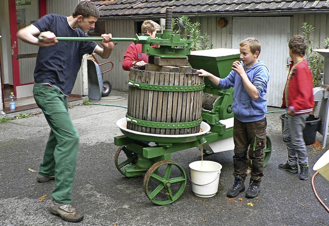 Die Schler der Johann-Peter-Hebelschu... aus denen sie den Apfelsaft pressen.   | Foto: ZVG