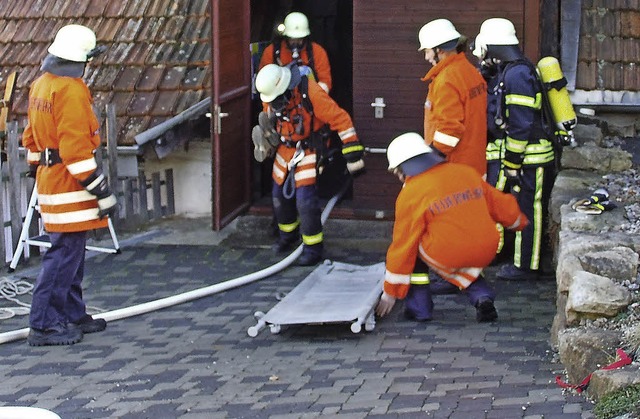 Die Feuerwehr Boll bt die Rettung aus der Scheune.   | Foto: Cornelia Selz