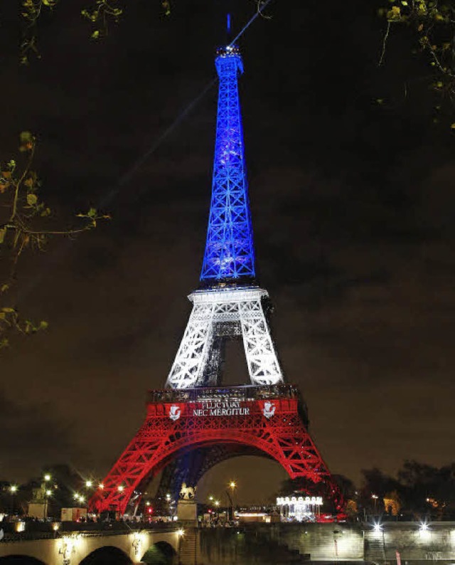 In Blau-Wei-Rot: Der Eiffelturm steht...s fr die Wehrhaftigkeit Frankreichs.   | Foto: dpa/AFP