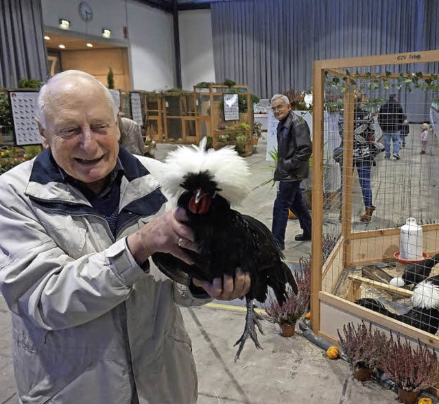 Bernhard Speck und eines seiner holln...ei der Kreisschau der Kleintierzchter  | Foto: Julius Steckmeister