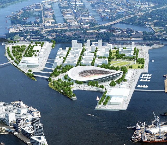 Ein Insel  im Hamburger Hafen fr den ...das Olympiastadion fr 2024 aussehen.   | Foto: dpa