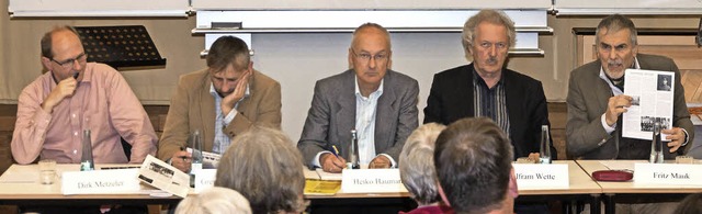 ber Paul Mauk debattierten Dirk Metze...fram Wette und Fritz Mauk (von links).  | Foto: Helmut Rothermel