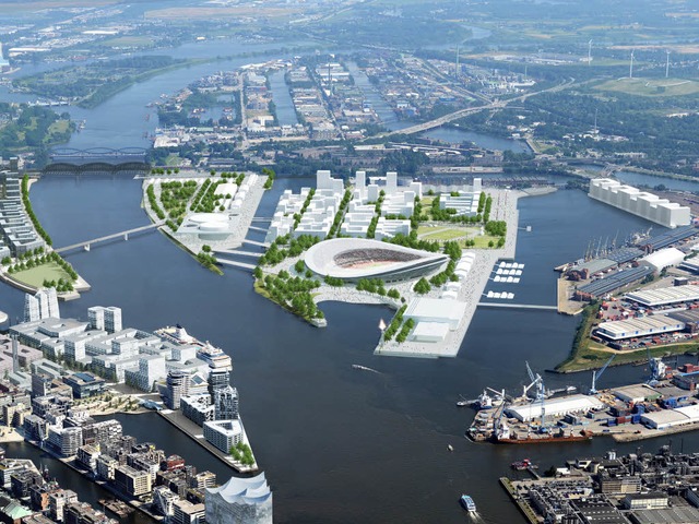 So  htte das  Olympiagelnde mit dem ...Grasbrook in Hamburg aussehen knnen.   | Foto: DPA