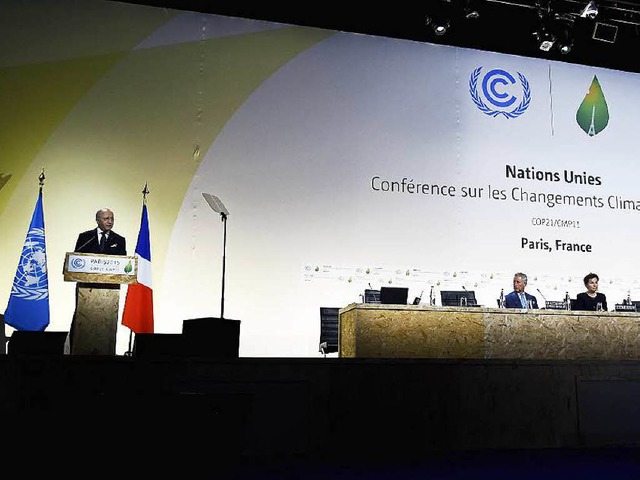 Frankreichs Auenminister Laurent Fabi...der Klimakonferenz die Erffnungsrede   | Foto: AFP