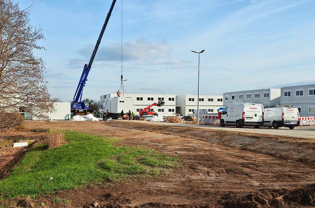 Die ersten Flchtlinge haben die Conta...e Container geliefert und aufgestellt.  | Foto: Christina Hohwieler