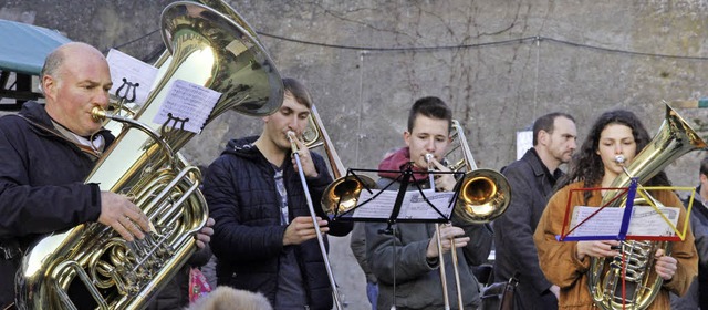 Mit Musik begleitete die Blsergruppe ... auf dem Weihnachtsmarkt am  Schloss.   | Foto: Frowalt Janzer