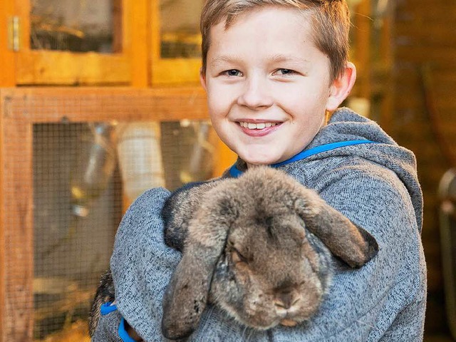 Tim mit einem Kaninchen vom Typ Deutscher Kleinwidder  | Foto: dpa