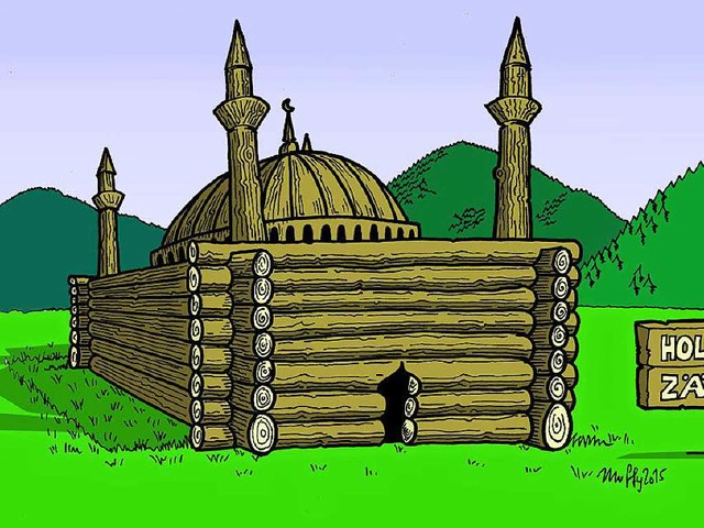 Eine Moschee in Zhringen? Na klar &#8211; aber nur aus Holz.   | Foto: Karikaturen: Thomas Muffler