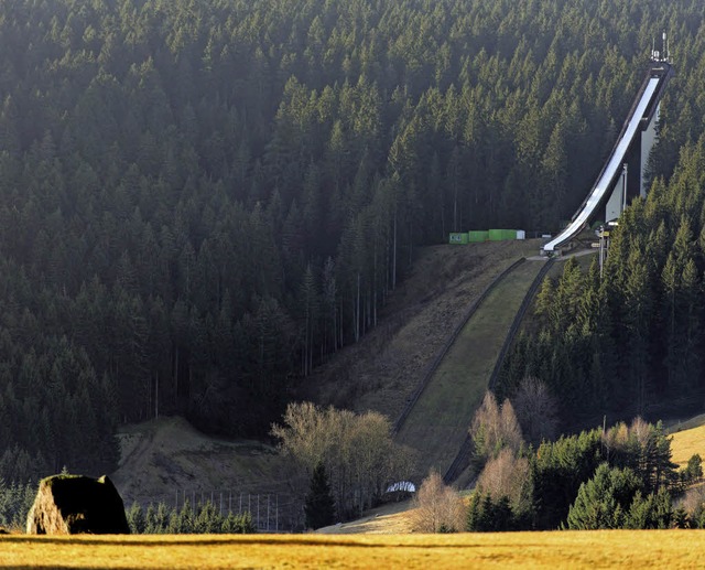 Die Langenwaldschanze ist bis auf eine...uar ber braunen Wiesen in  Schonach.   | Foto: Patrick Seeger